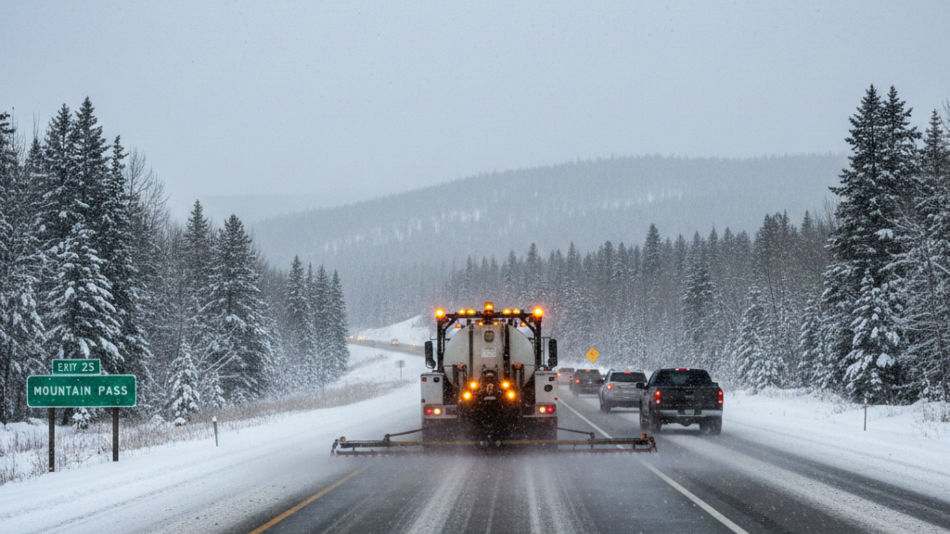 Snowplow clearing a snowy highway behind cars, with snow-covered trees and hills in the background