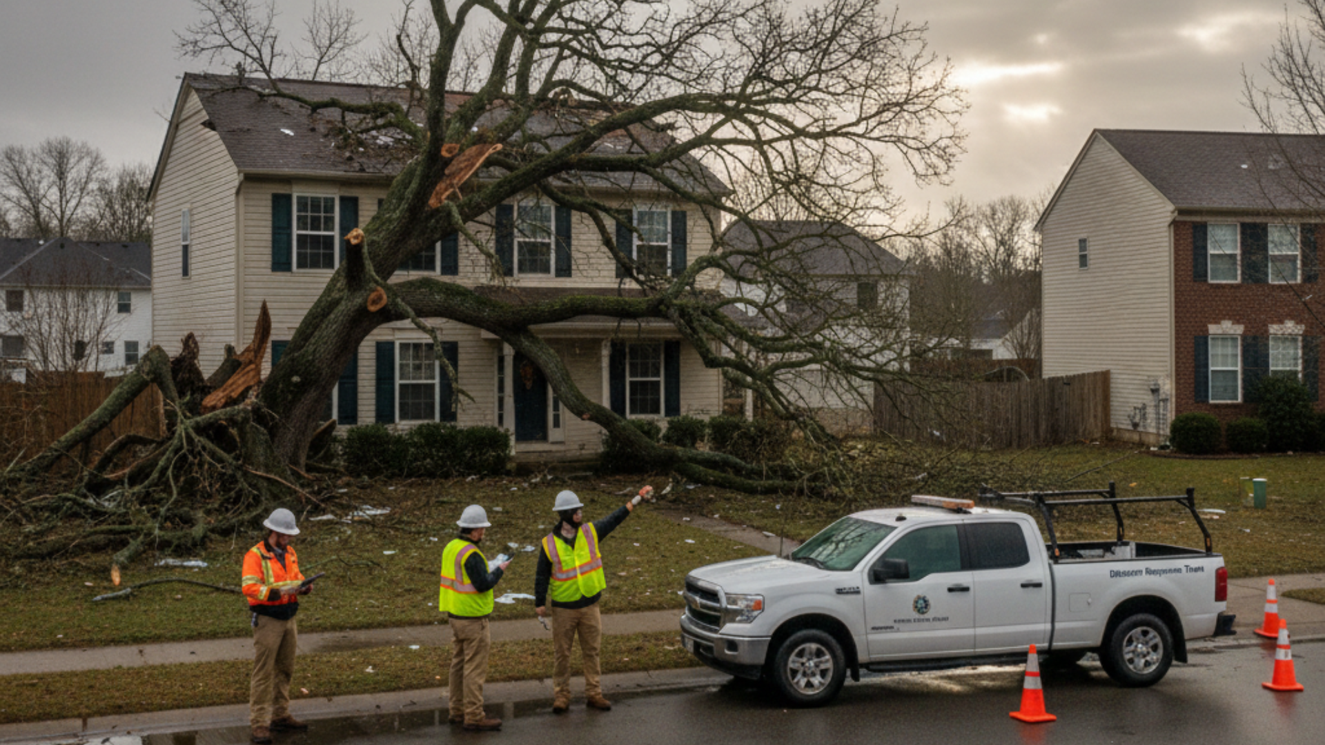 Storm damage cleanup outside a house; tree down on roof, workers in safety vests near a pickup truck.