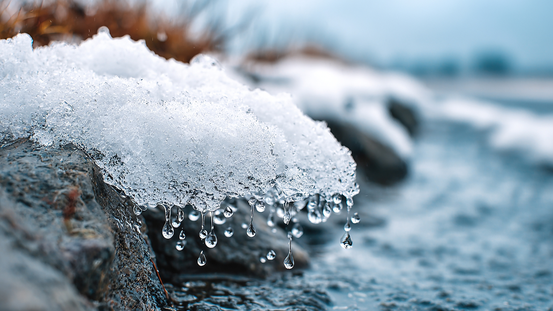 Snow and ice melting on a rocky shoreline beside a blue body of water