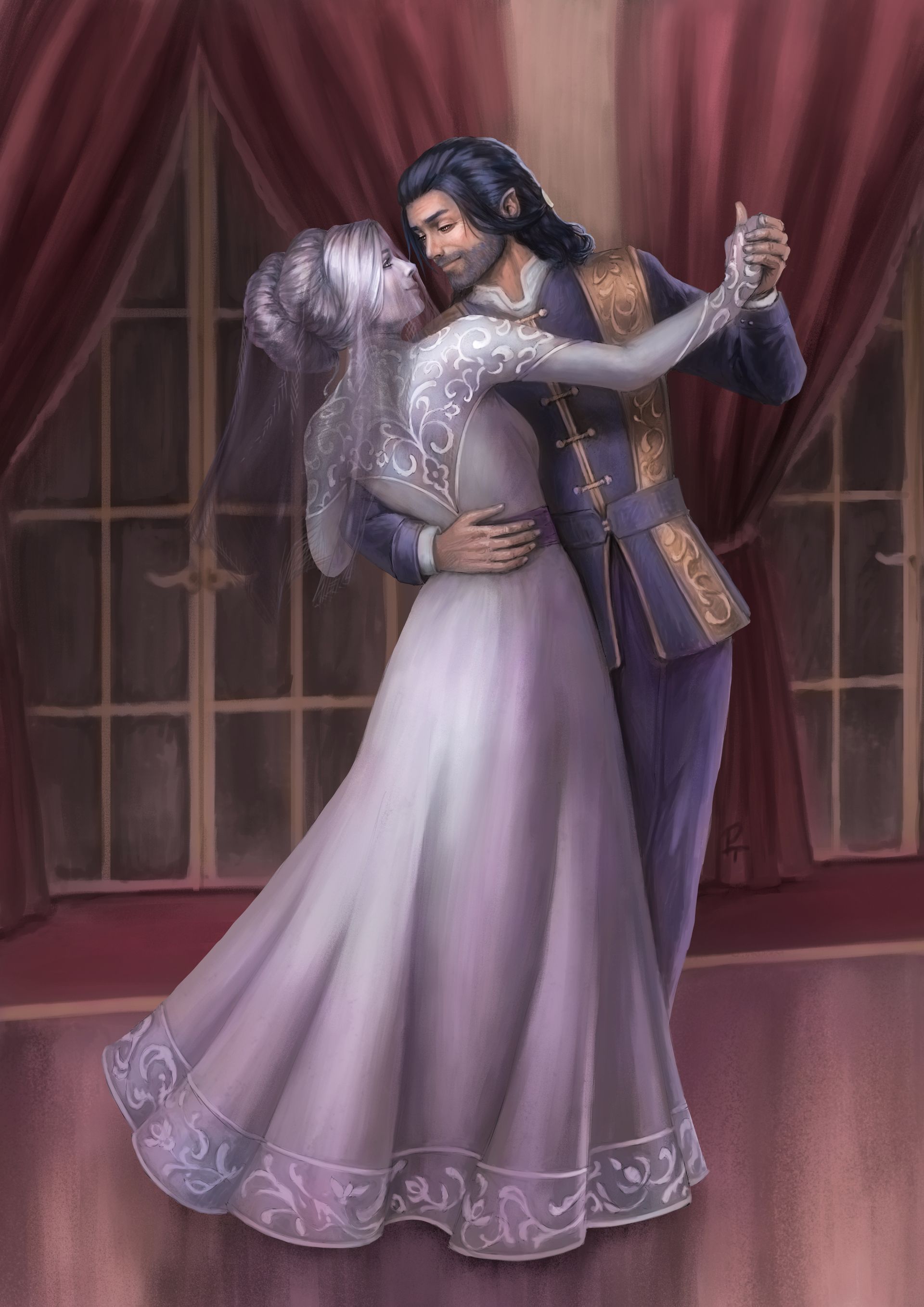 Couple dancing in elegant formal wear before red curtains and tall windows