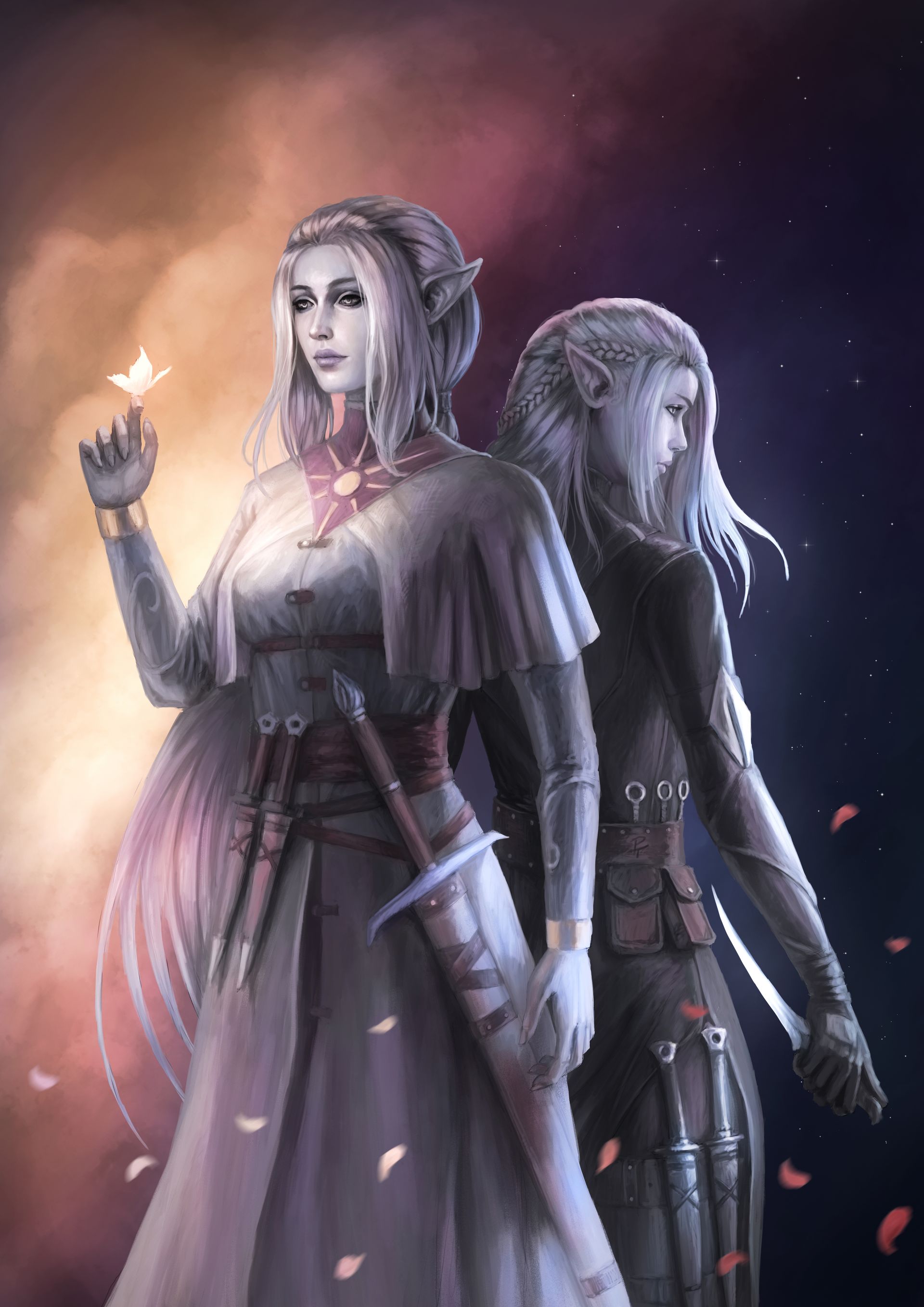 Two fantasy characters stand back to back, one holding a glowing flame amid a dark, smoky scene.