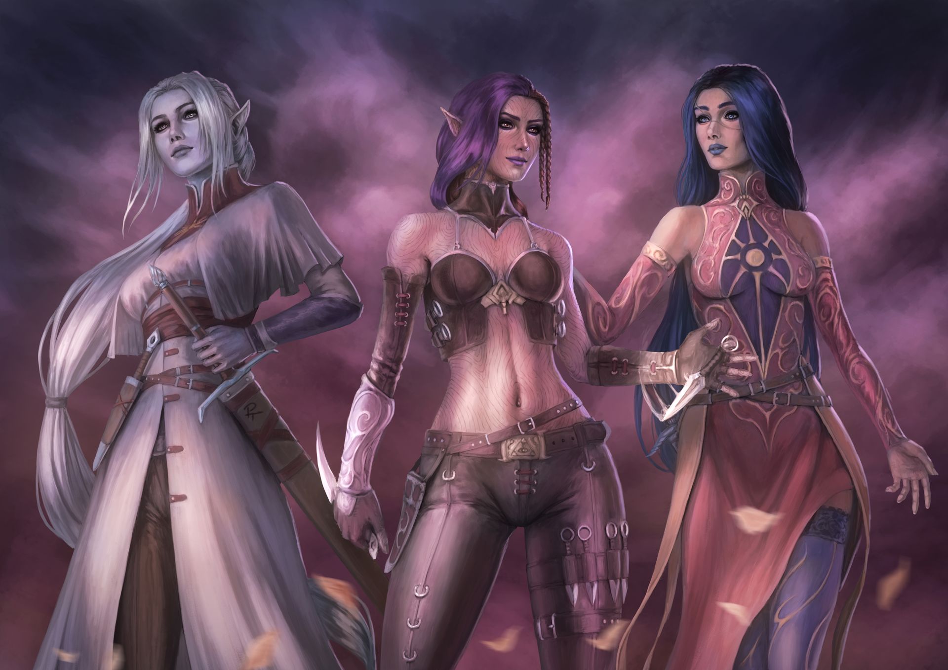 Three fantasy women in ornate outfits pose against a purple smoky backdrop.