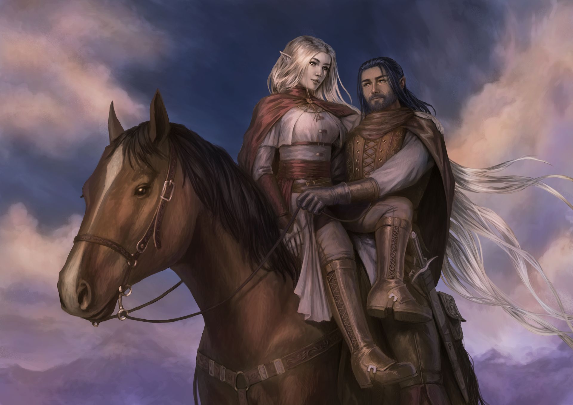 Two fantasy riders on a horse under a cloudy purple sky, one with white hair and wings.