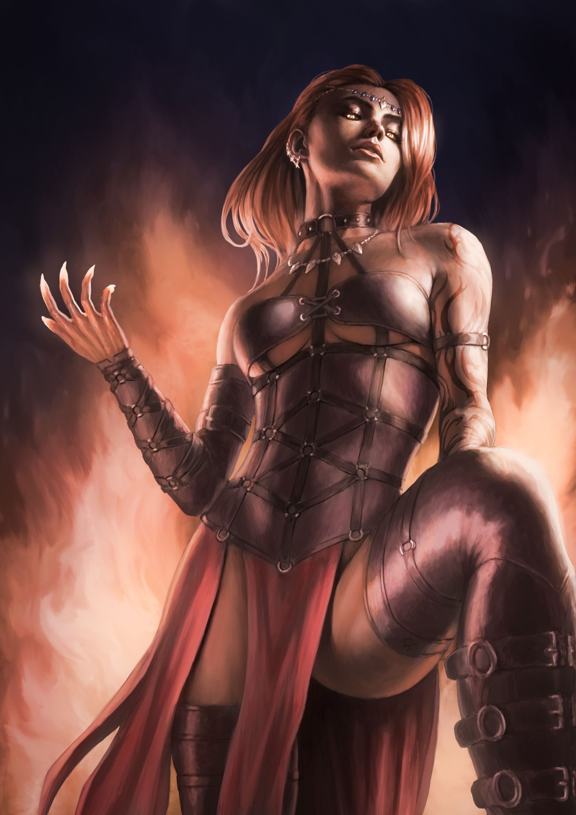 Fantasy character in black leather armor and red cape, posing dramatically amid orange flames.
