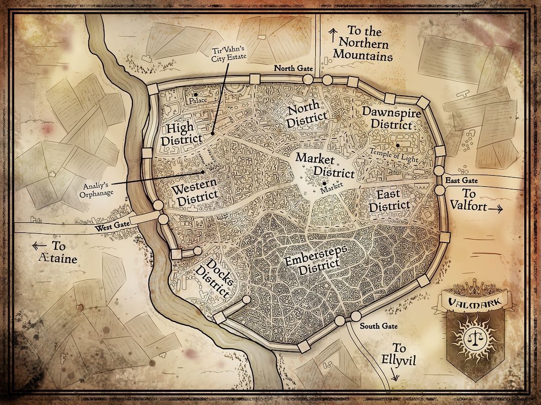 Sepia hand-drawn fantasy city map with walls, roads, and labeled districts