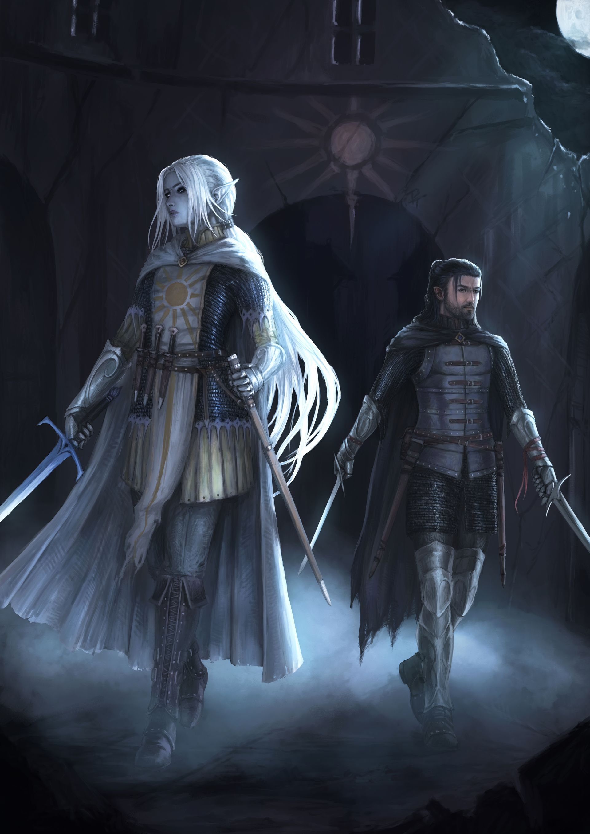 Two armored fantasy figures stand in a foggy, dark stone chamber, one glowing pale white