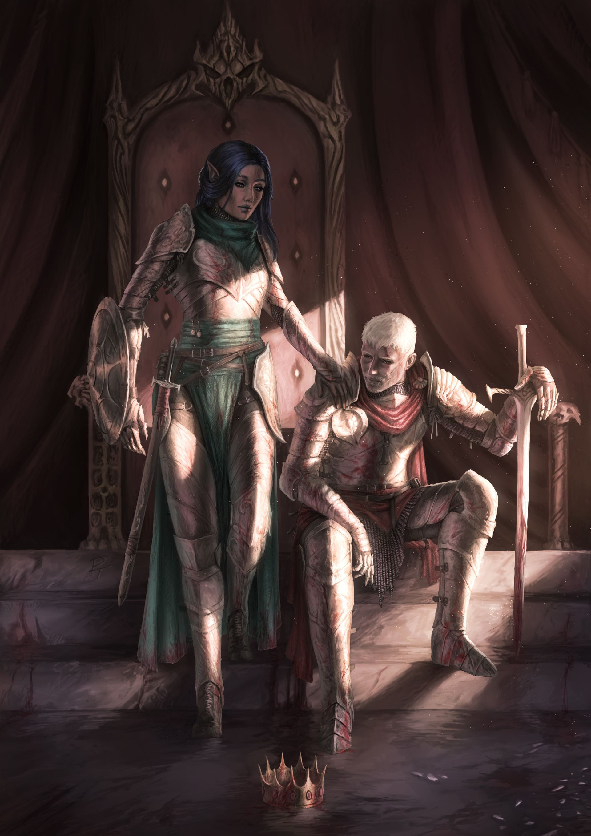 Two armored figures on a throne in a dark, candlelit chamber, one standing and one seated with a sword.