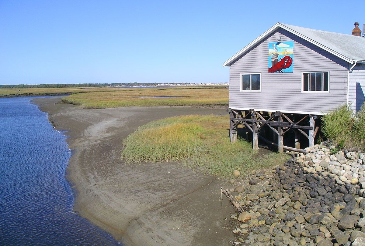A grey house on stilts by a muddy shore with marshland and a blue sky.