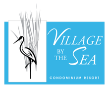 Logo for Village by the Sea Condominium Resort: a heron and reeds on a white rectangle, turquoise background.