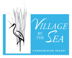 Logo for Village by the Sea Condominium Resort: a heron and reeds on a white rectangle, turquoise background.