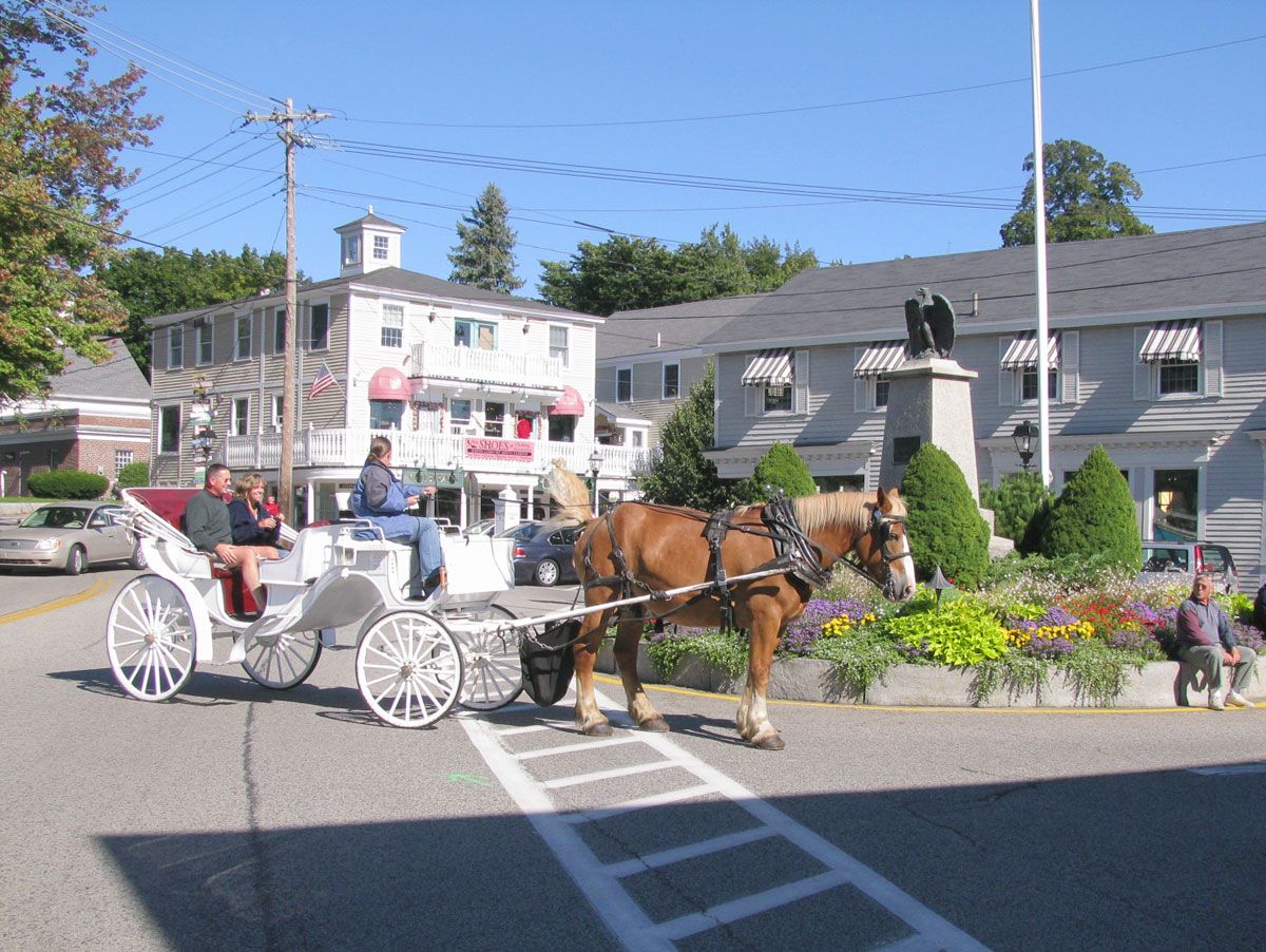 Horse-drawn carriage on a street, tourists riding. Buildings and a monument in the background. Sunny day.
