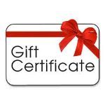 White gift certificate with red ribbon and bow; text reads 