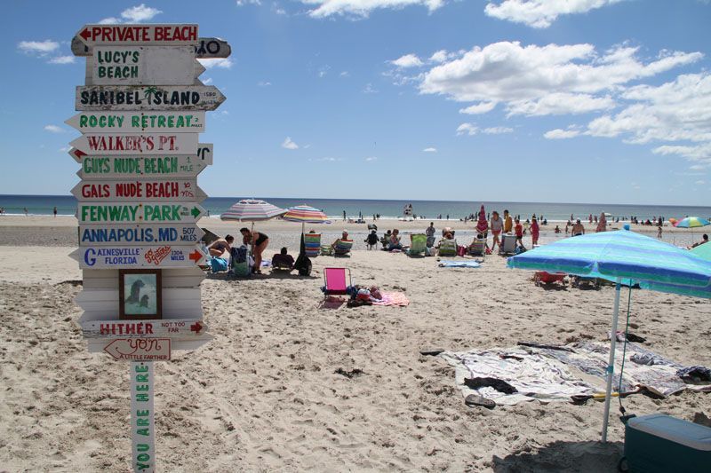Signpost on a beach points to various locations; people relax on the sand under umbrellas on a sunny day.