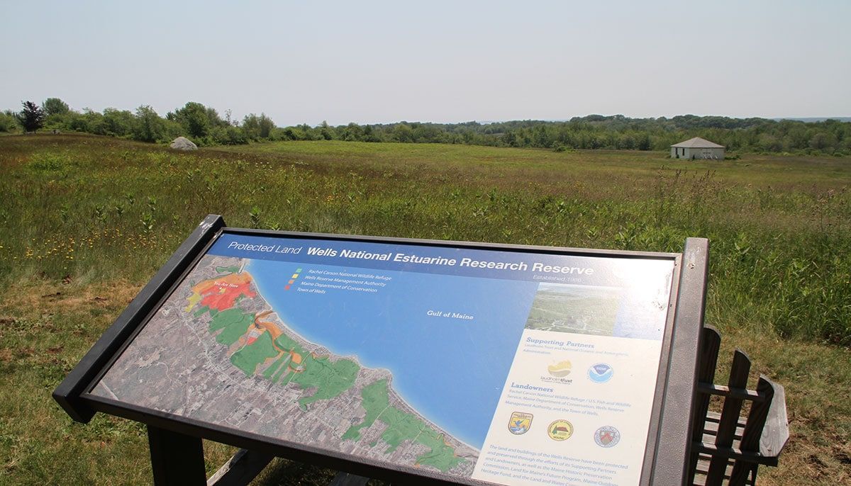 Sign with map of shoreline overlooking a field with distant treeline.