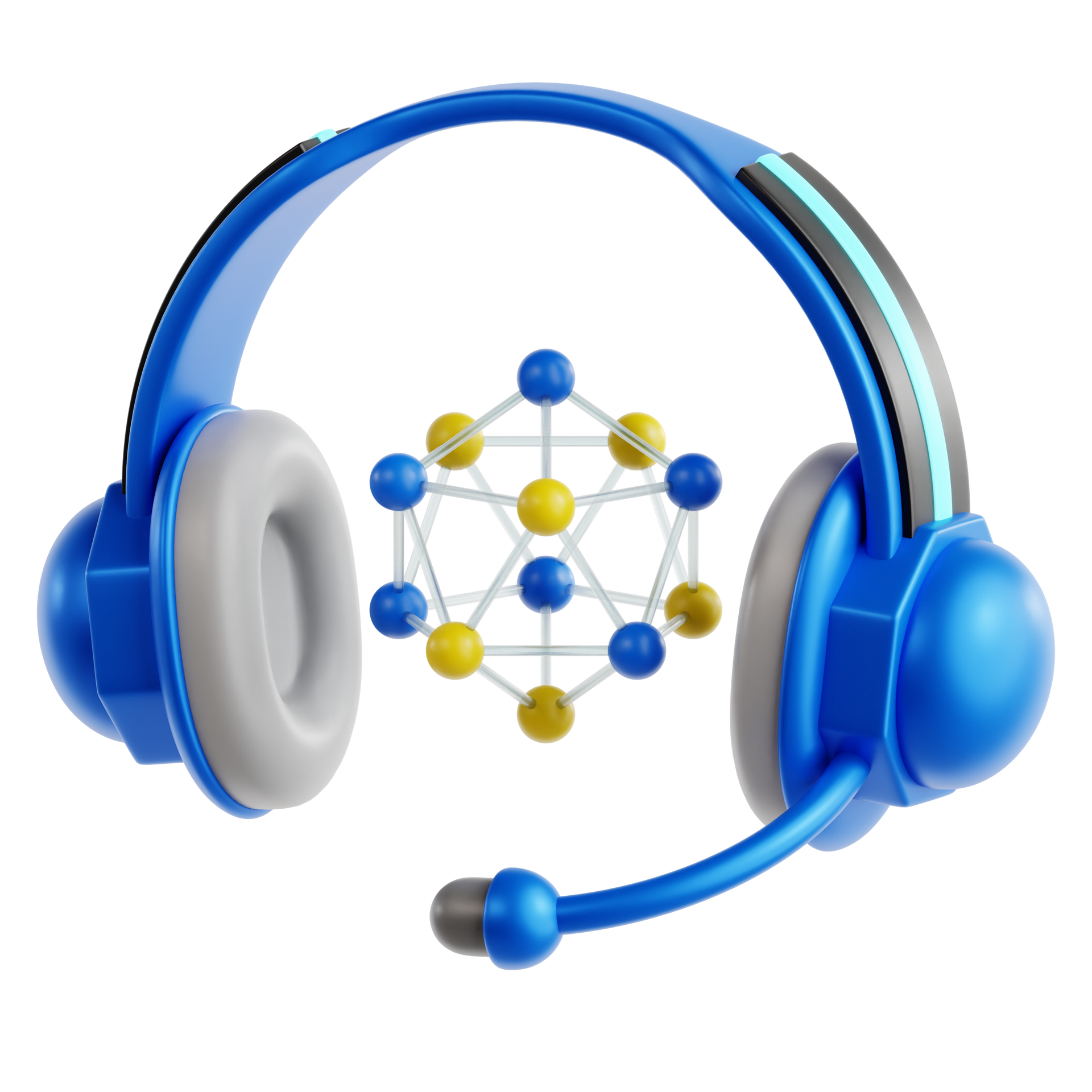 Blue headset with microphone around a molecular model icon