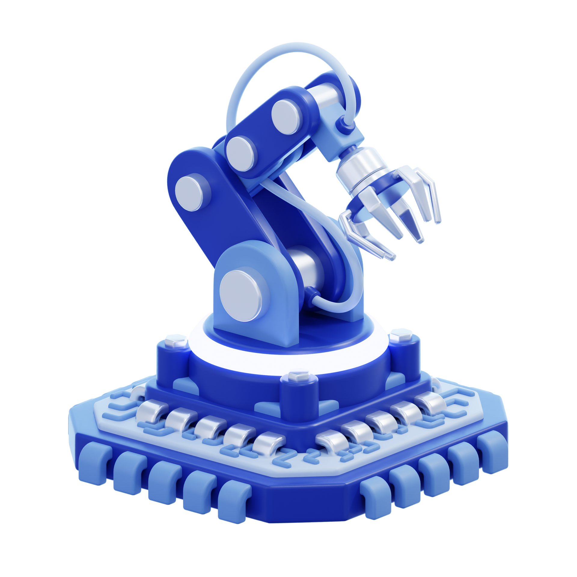 Blue robotic arm on a base, holding a claw over a conveyor-style platform.