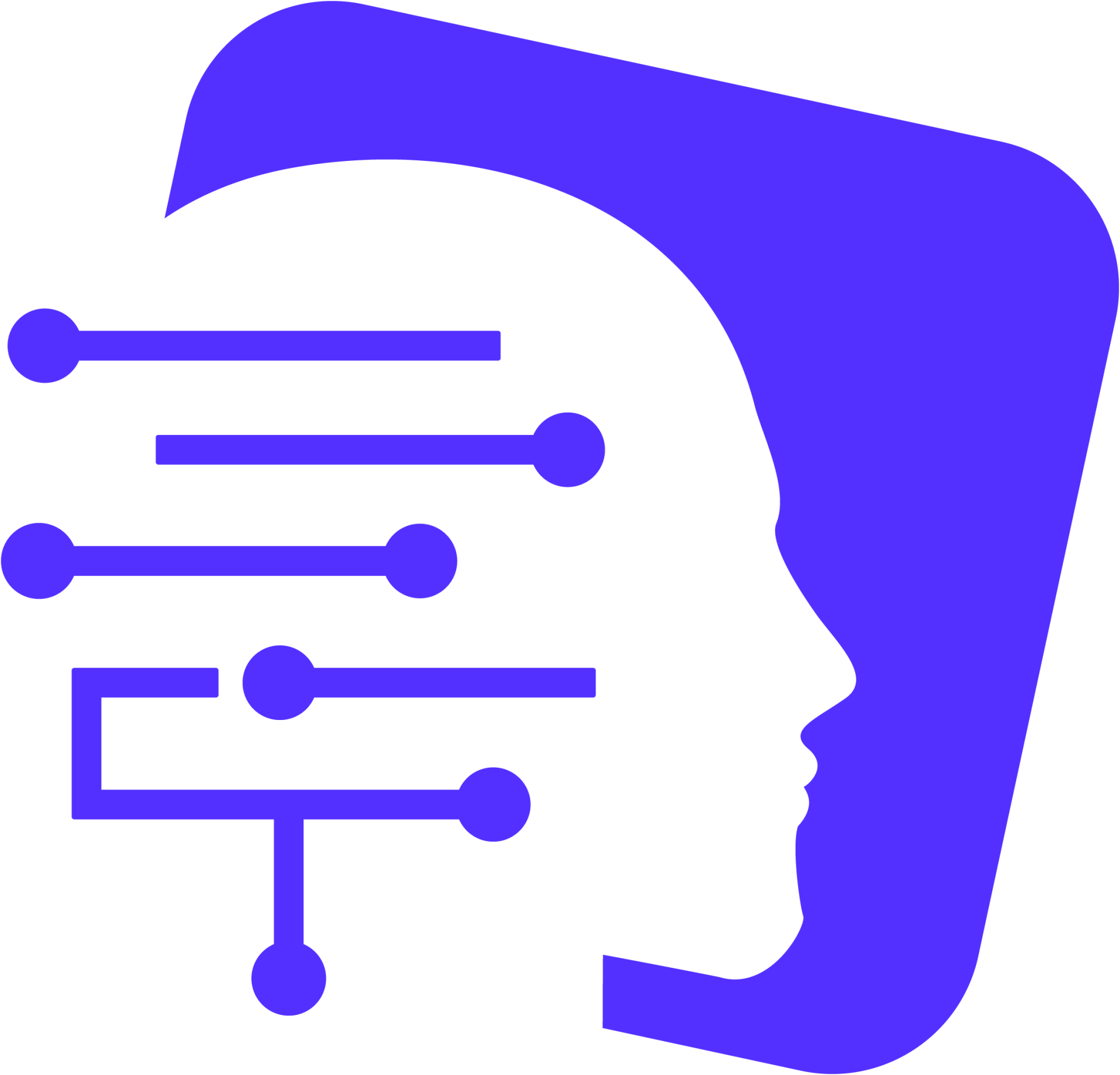 A blue and white icon of a person 's head with lines coming out of it.