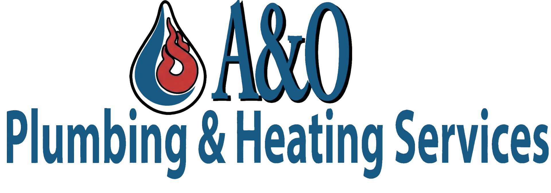 Logo for "A&O Plumbing & Heating Services": Blue drop with flame, "A&O" text, and "Plumbing & Heating Services" text.