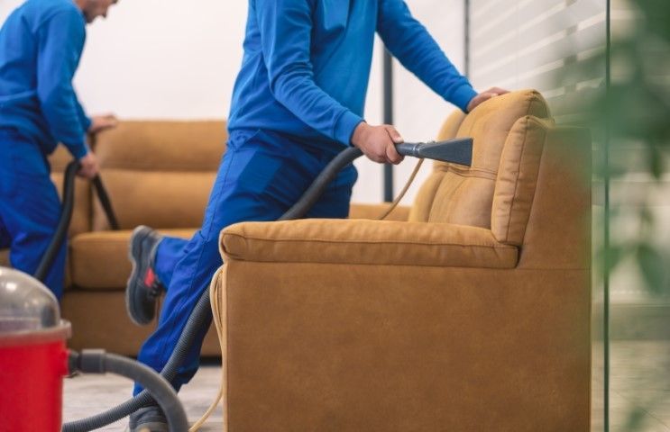 Workers in blue uniforms cleaning a tan sofa with a vacuum in a living room