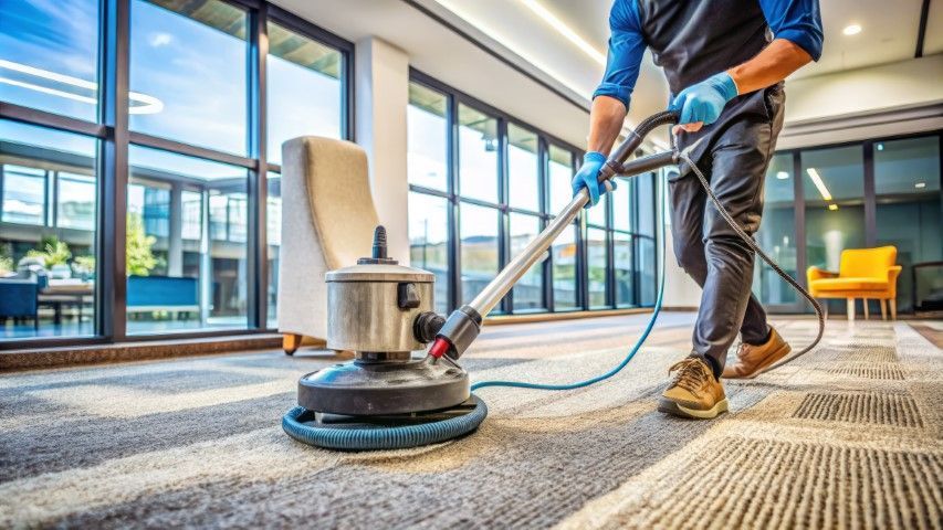 Person using a floor buffer on carpet in a bright office lobby with large windows