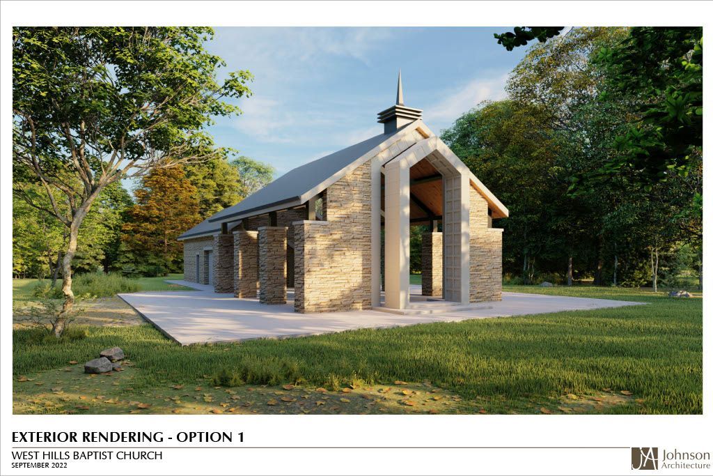 Exterior rendering of a stone chapel with a gabled roof, set amidst trees on a sunny day. Concrete patio in front.