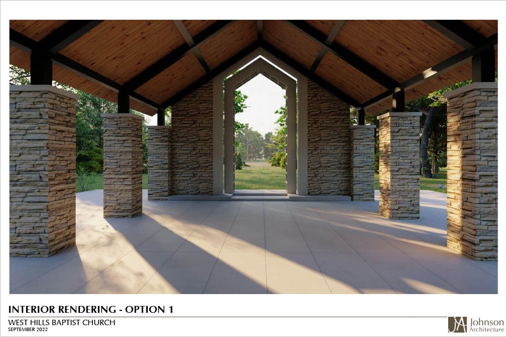 Interior rendering of an open-air pavilion with stone columns, a wooden roof, and a view of a sunny path through trees.