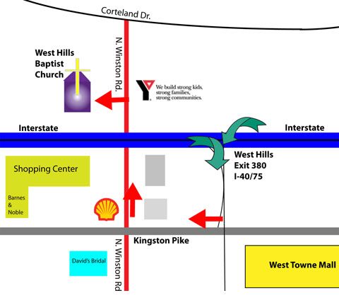 Map of West Hills area, with West Hills Baptist Church, YMCA, shopping center, and West Towne Mall near I-40/75.