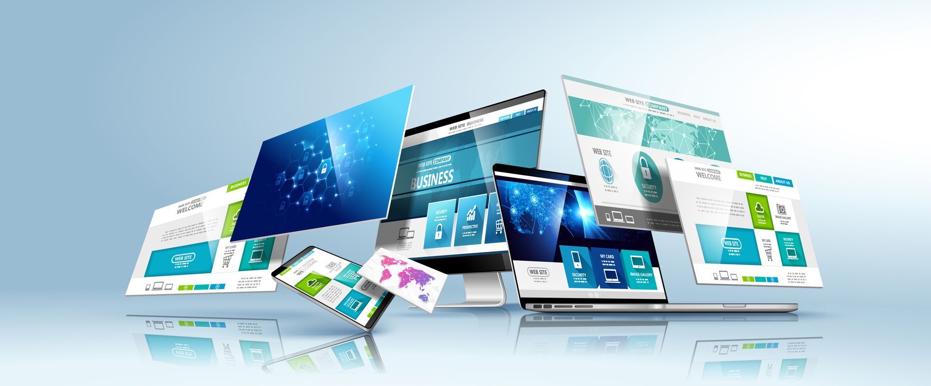 Assorted modern website mockups and laptop screens on a glossy blue background