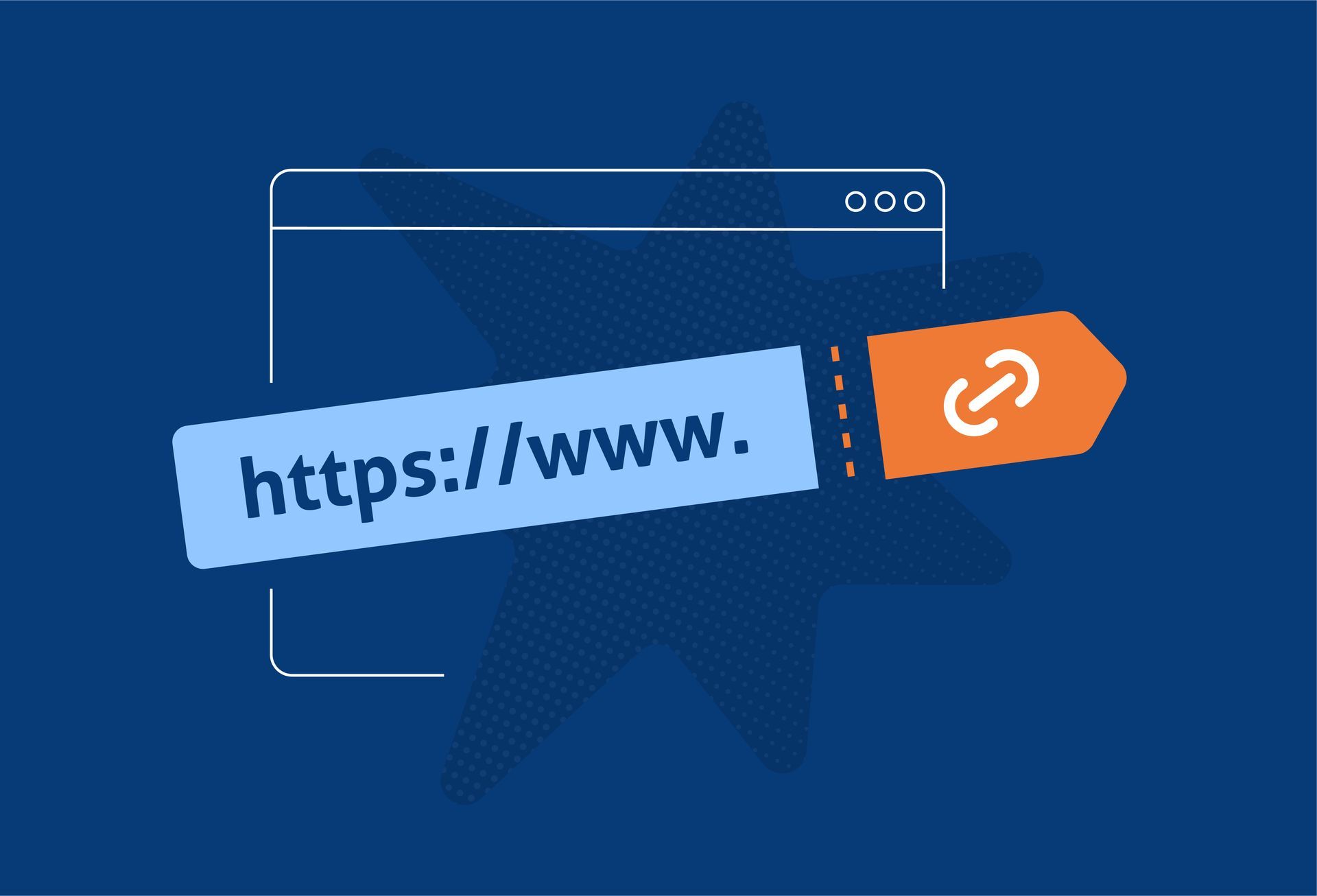 Blue web browser graphic with a “https://www.” URL label and an orange link icon
