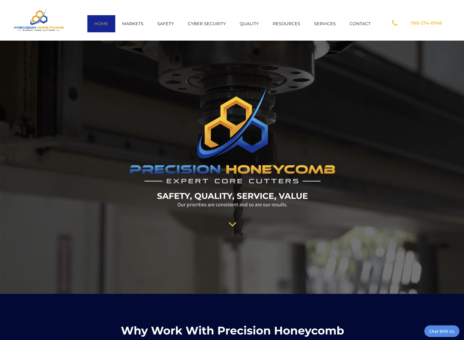 A website for precision honeycomb shows a picture of a machine