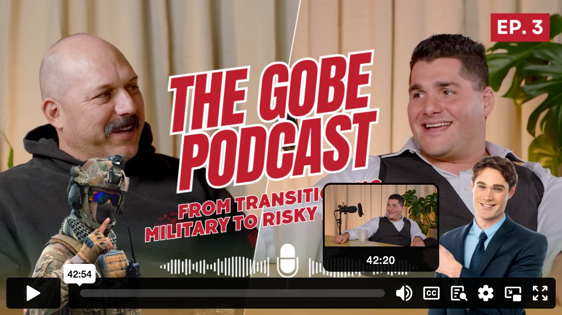 Two men are talking on a podcast called the gobe podcast