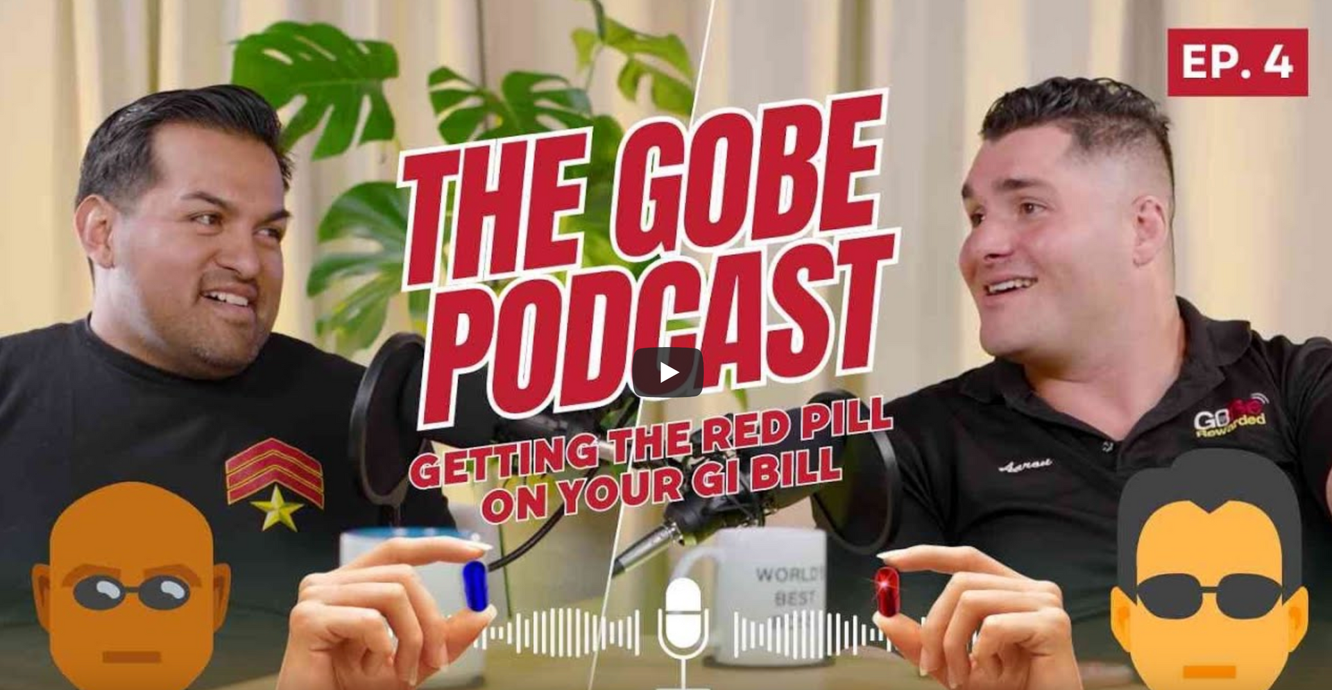 Two men are sitting at a table in front of a microphone talking about the gobe podcast