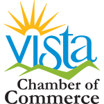 Proud Member since 2015 Vista chamber of commerce logo with a sun and mountains