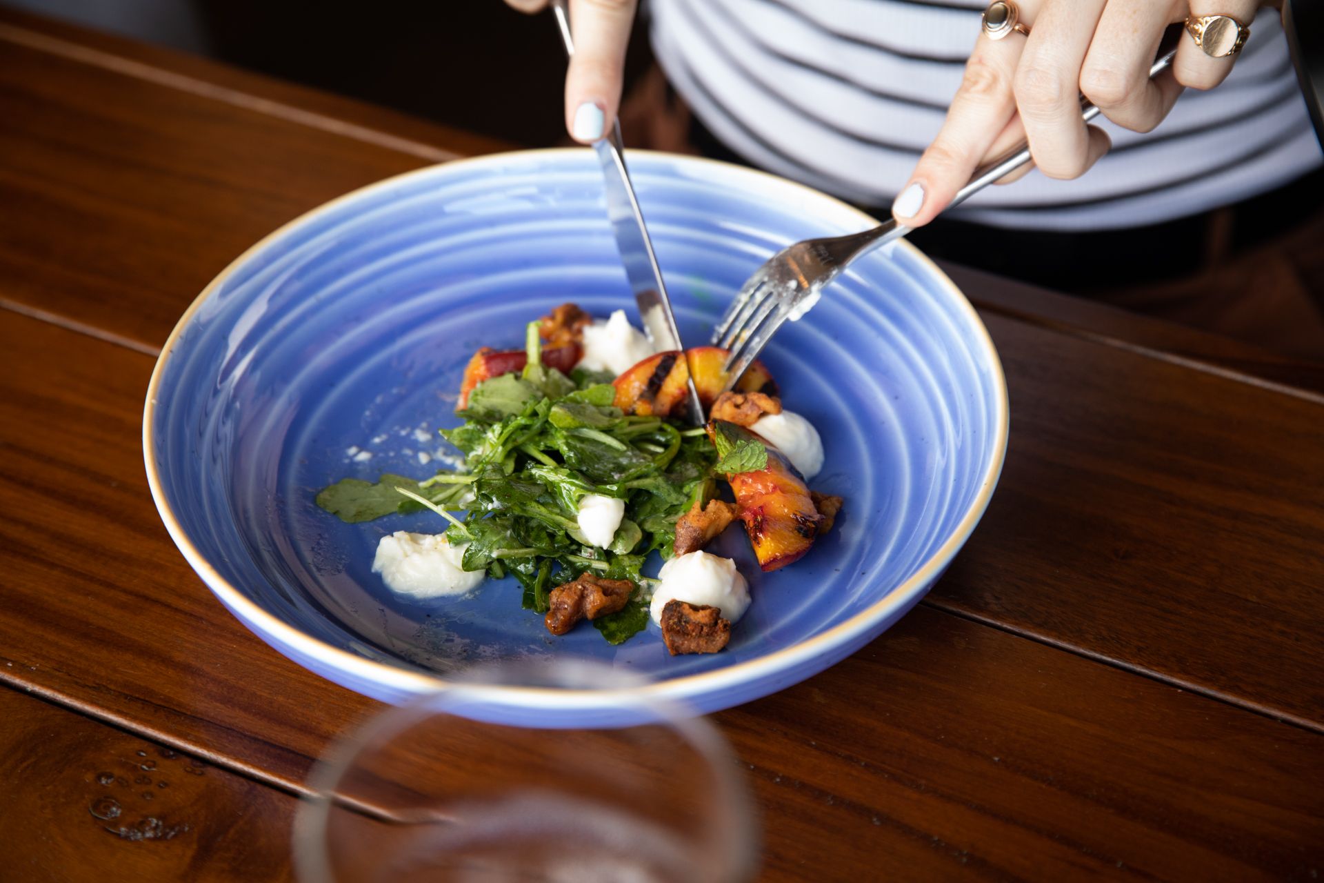 fancy food inside a blue ceramic bowl