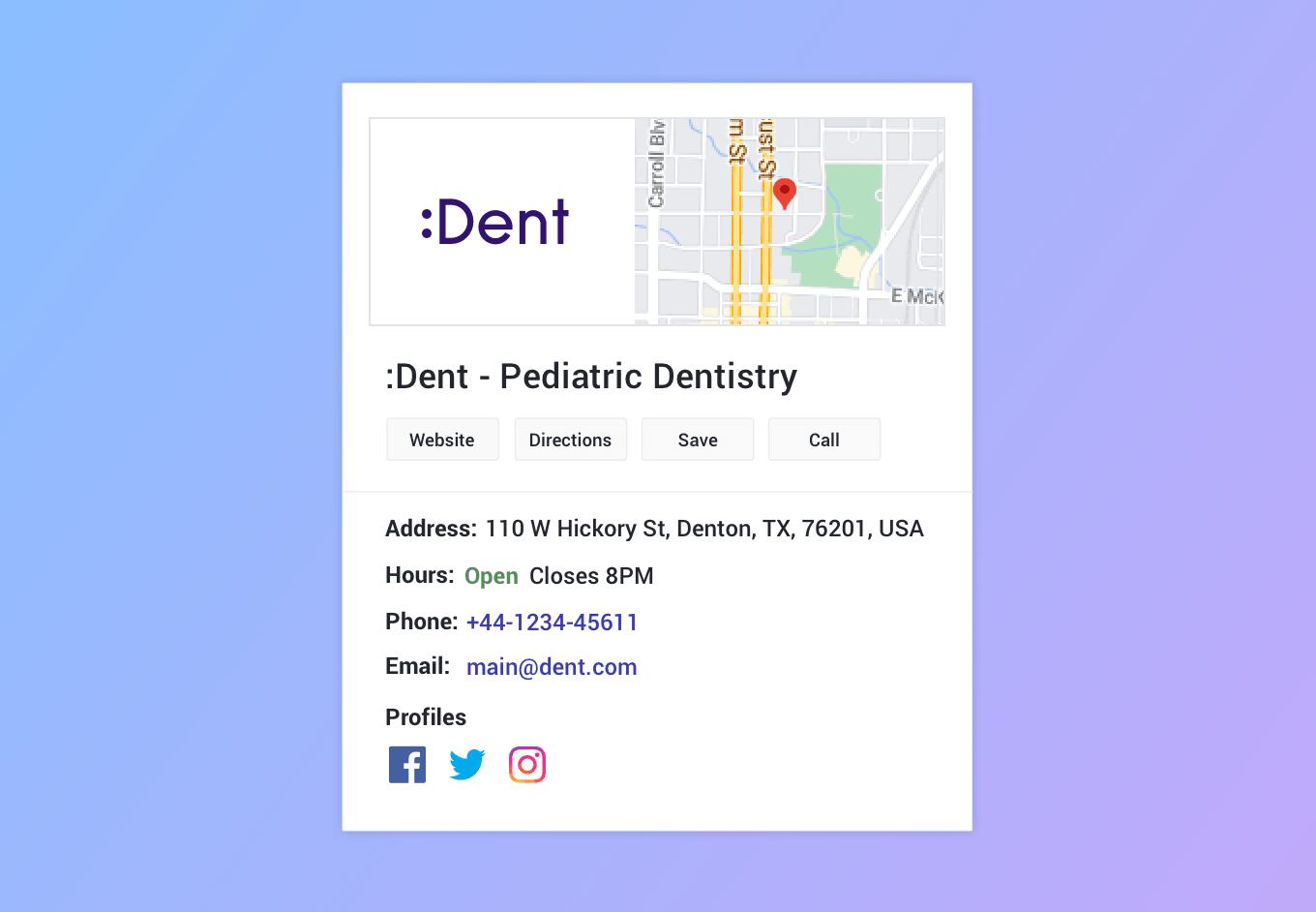 A website for dent pediatric dentistry with a map