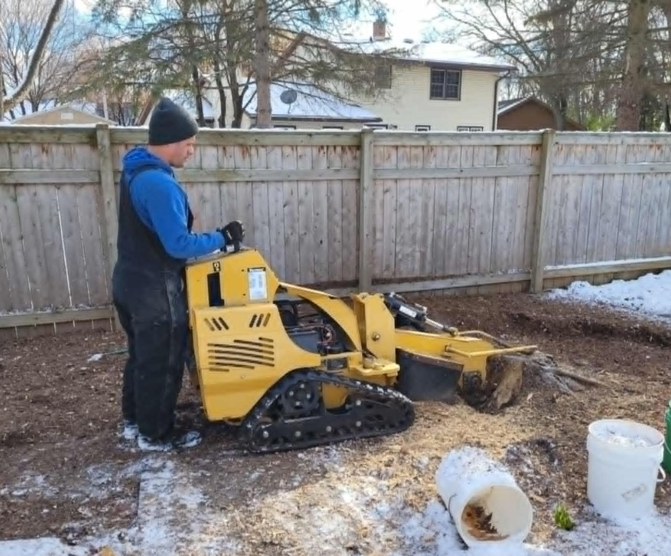 A yellow stump grinder cuts into a tree stump, spraying wood chips onto a lawn.
