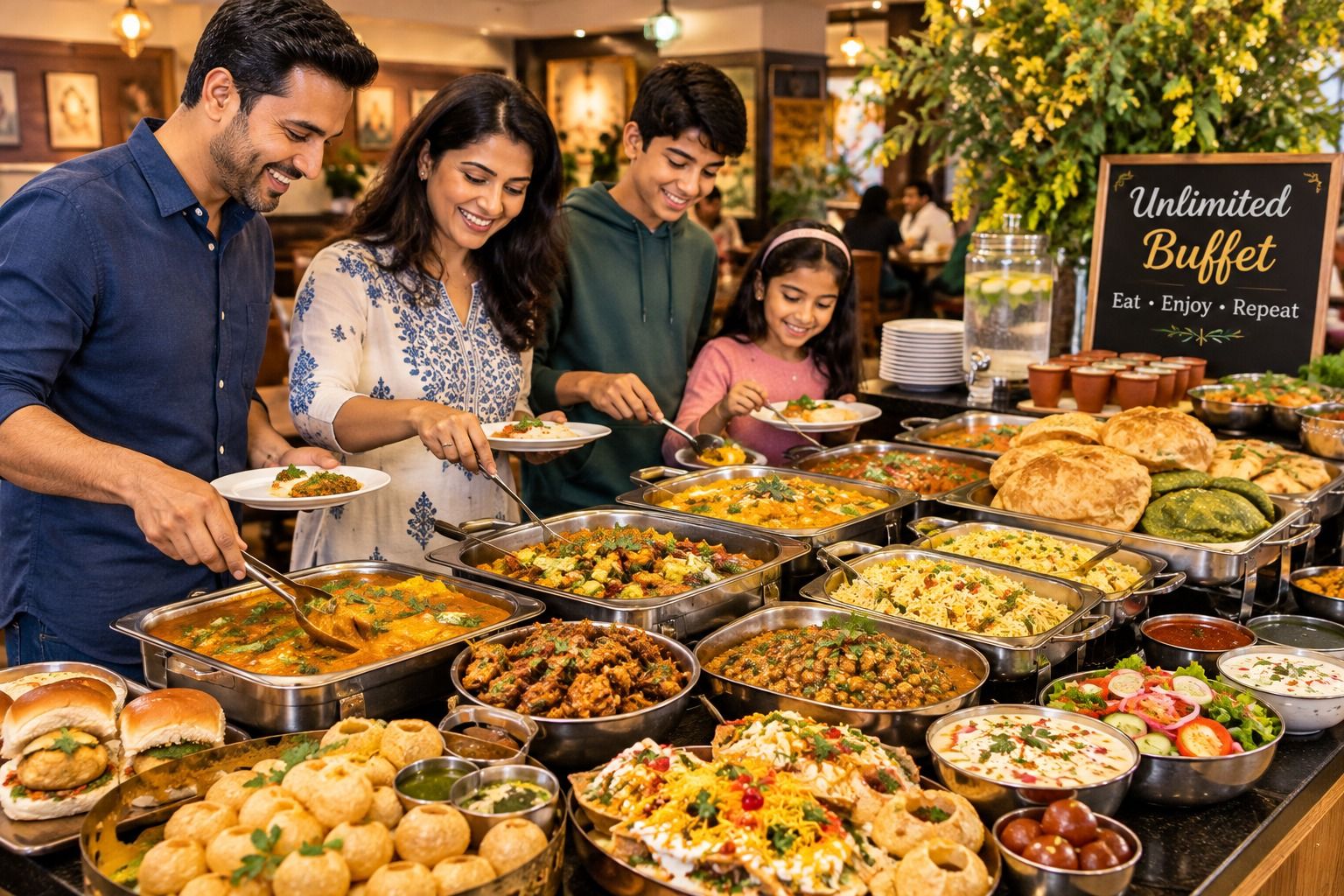 Family enjoying the vegetarian weekend buffet