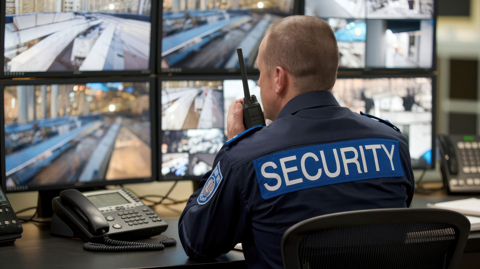 A security guard in a blue uniform sits at a desk, talking on a radio while monitoring multiple surveillance screens. A security guard in a blue uniform sits at a desk, talking on a radio while monitoring multiple surveillance screens.