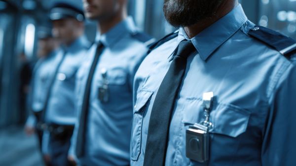 A line of security guards in light blue uniforms and black ties standing in a professional setting.