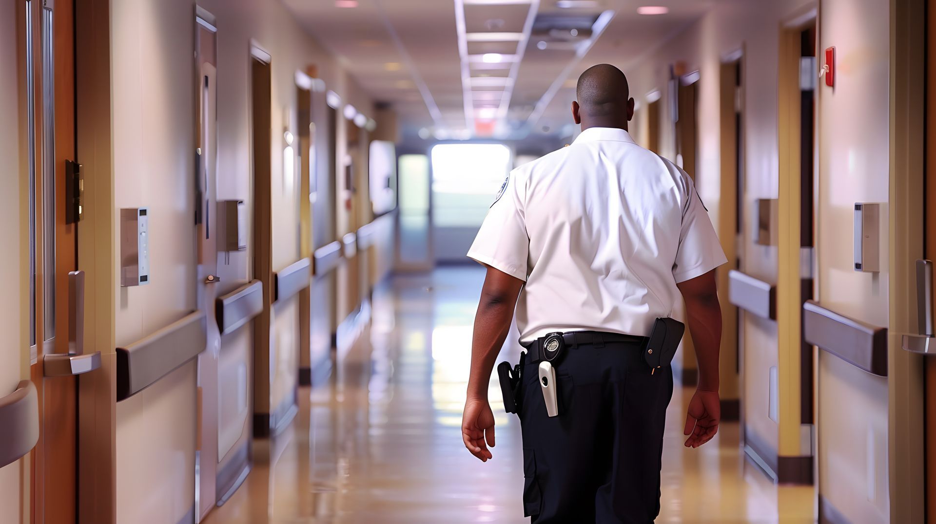 A security officer in a white uniform walks down a brightly lit hospital hallway. A security officer in a white uniform walks down a brightly lit hospital hallway.