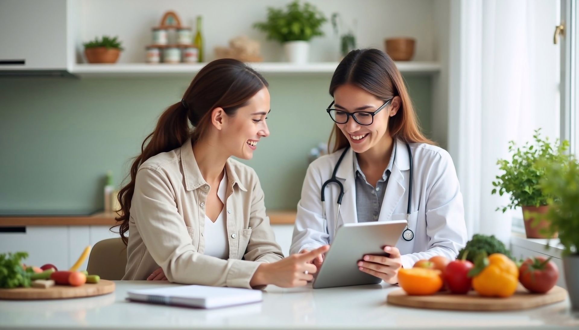 Two professionals reviewing a tablet together in a bright kitchen, with fruit and plants nearby