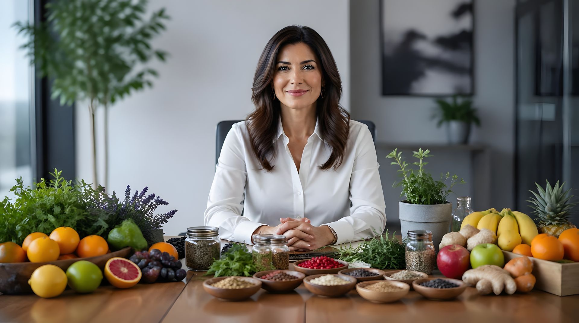 Woman in white shirt seated behind a table of fresh fruits, vegetables, and jars in a bright kitchen