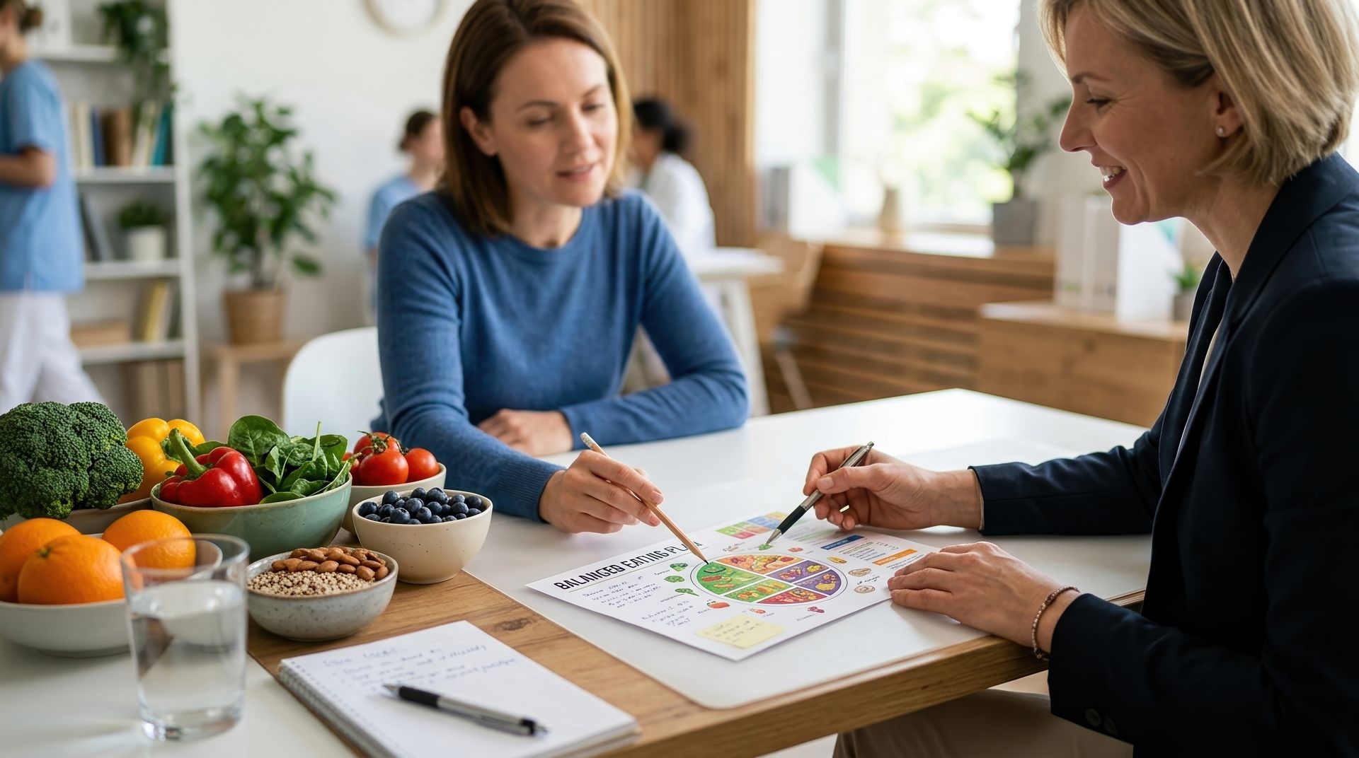 Two women discussing a colorful meal plan at a table with fresh fruits, vegetables, and papers.
