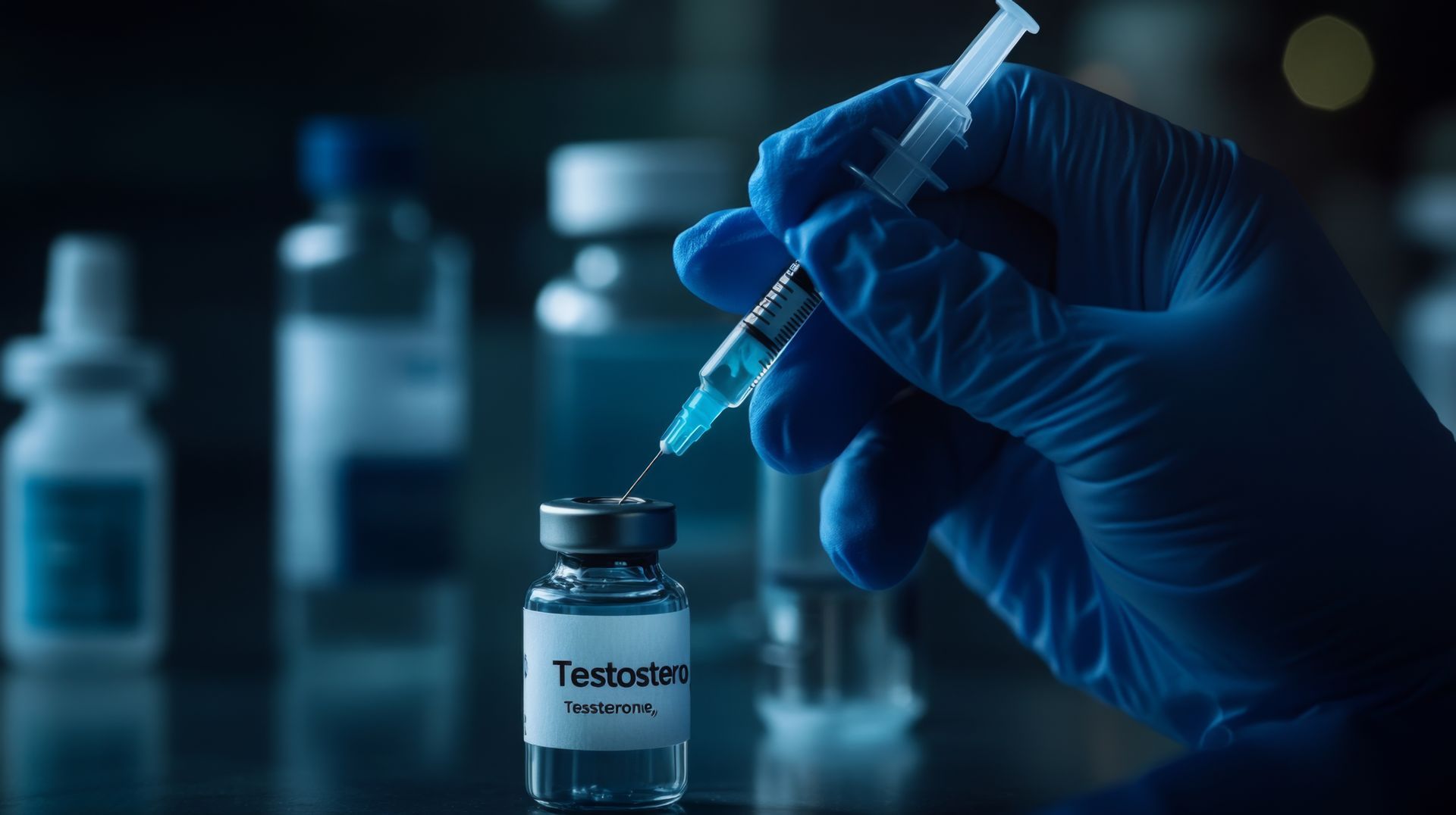 Gloved hand drawing liquid into a syringe from a testosterone vial in a dim laboratory setting