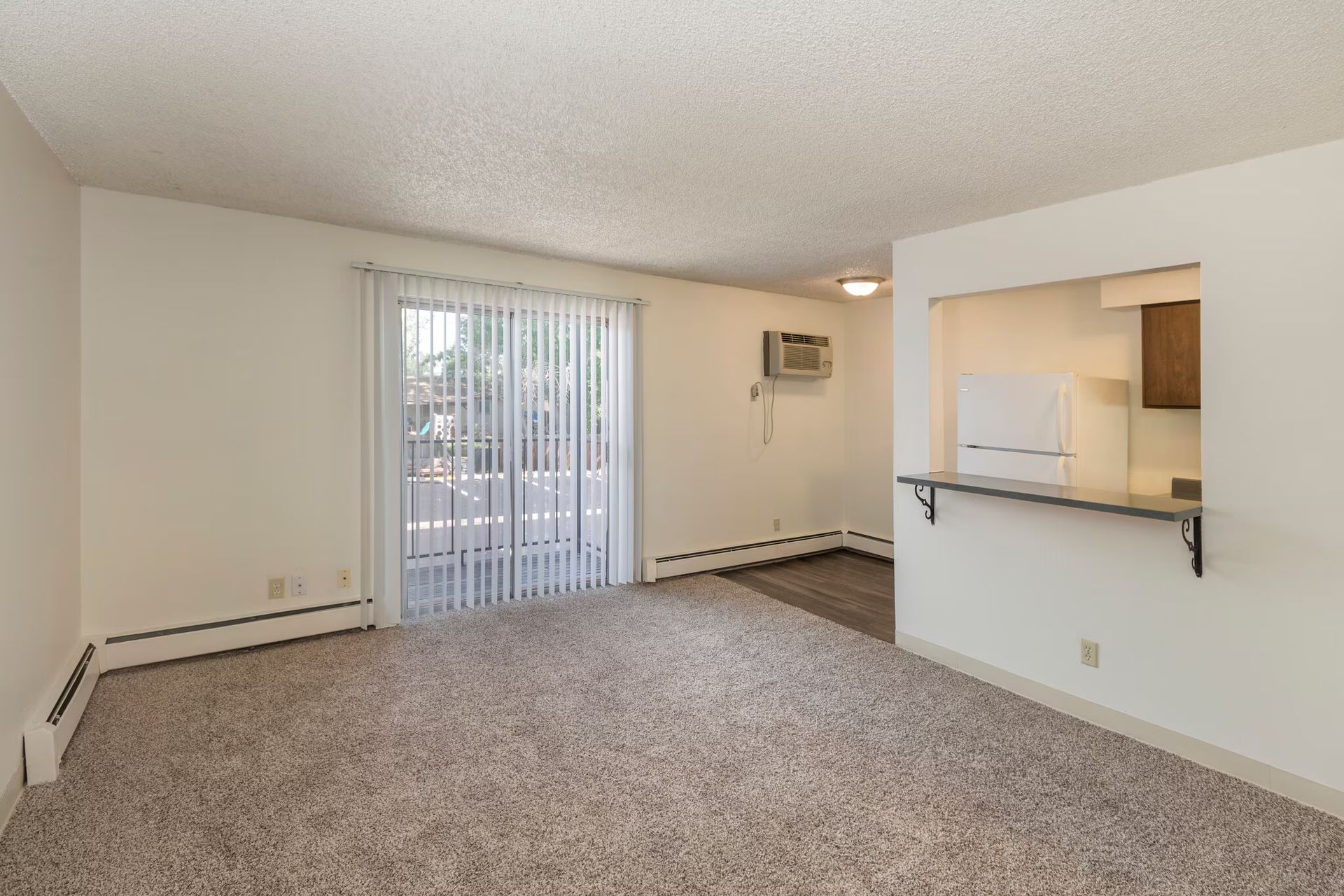 Living room with sliding glass door to a patio, a pass-through to a kitchen, and beige carpet.