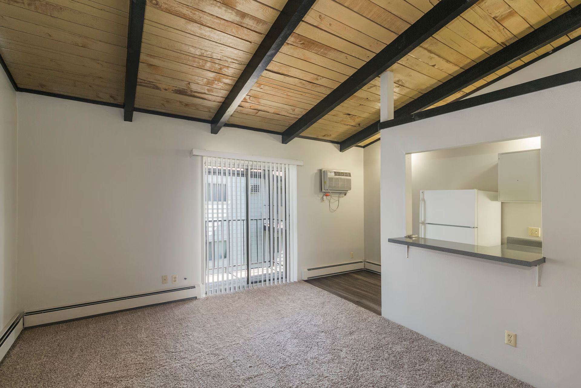 Living room with a sloped wooden ceiling, sliding glass door, and a pass-through to the kitchen.