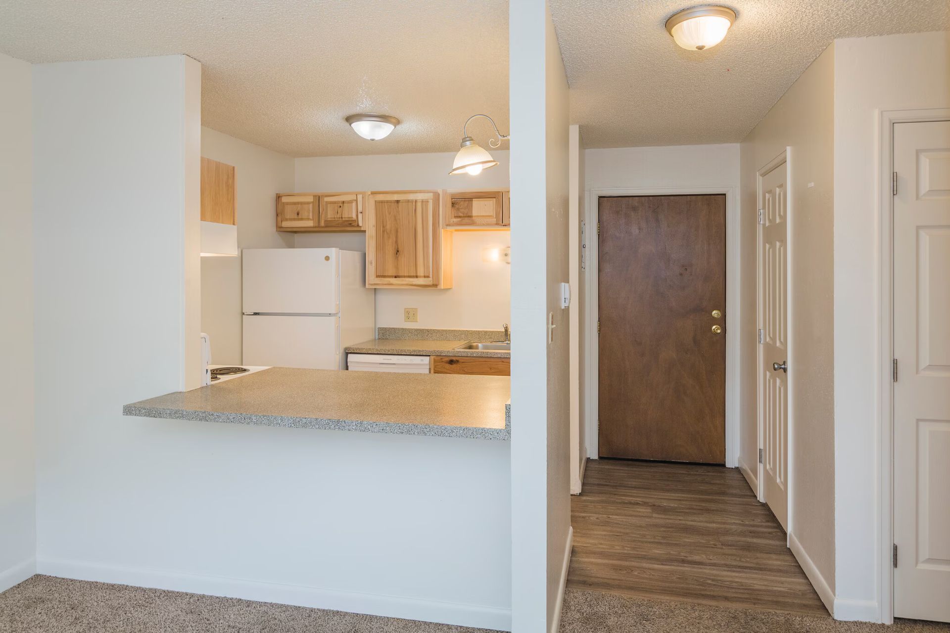 Interior view: apartment hallway leading to kitchen. Light wood cabinets, white appliances, and a counter.