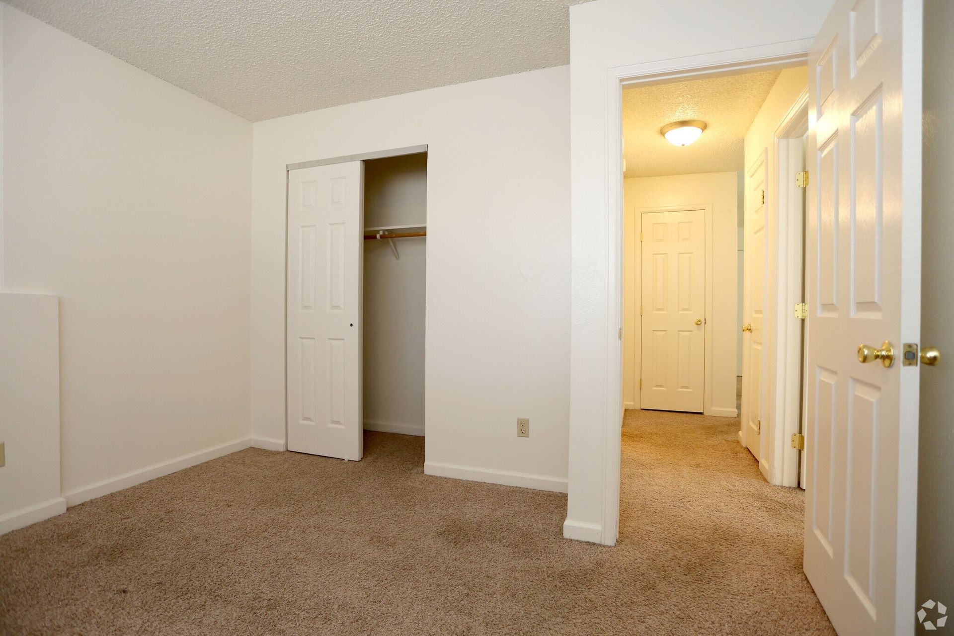 Empty bedroom with tan carpet, white walls, closet, and open doorway to hall.