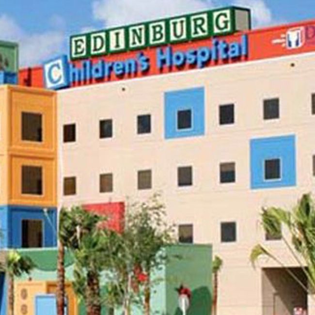 Edinburgh Children’s Hospital building with colorful facade and trees in front
