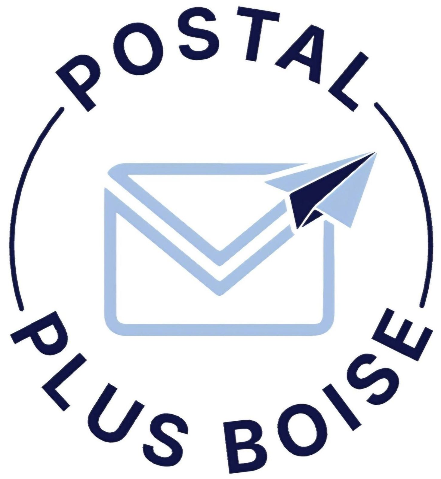 Postal Plus Boise logo with a blue envelope and paper airplane in a circular design